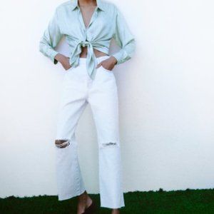 NWT ZARA Z1975 Hi-Rise Straight Leg Jeans With Rips Light Blue Size 6